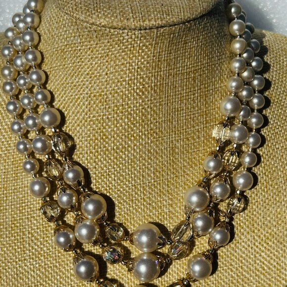 VTG  Faux Pearls and Crystal Glass Beads 3 Strand Necklace 16” - Picture 4 of 4